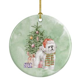Bichon Frise Red Hat Christmas Presents and Tree Ceramic Ornament Christmas Tree Hanging Decorations for Home Christmas Holiday, Party, Gift, 3 i