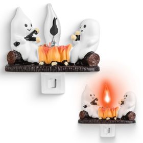 2Pcs Ghost Campfire Flickering Flame Night Light Indoor 3D Funny Halloween Nightlight Decoration Bedroom Night Light Halloween Decoration Gift Fo